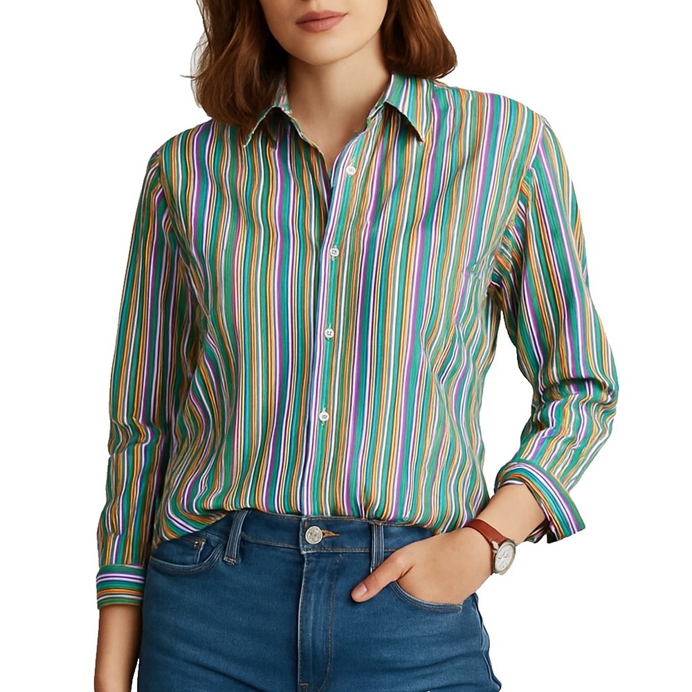 Lauren Ralph Lauren Womens PM Multicolor Stripe Button Front Cotton‎ Blouse Top - Picture 2 of 16